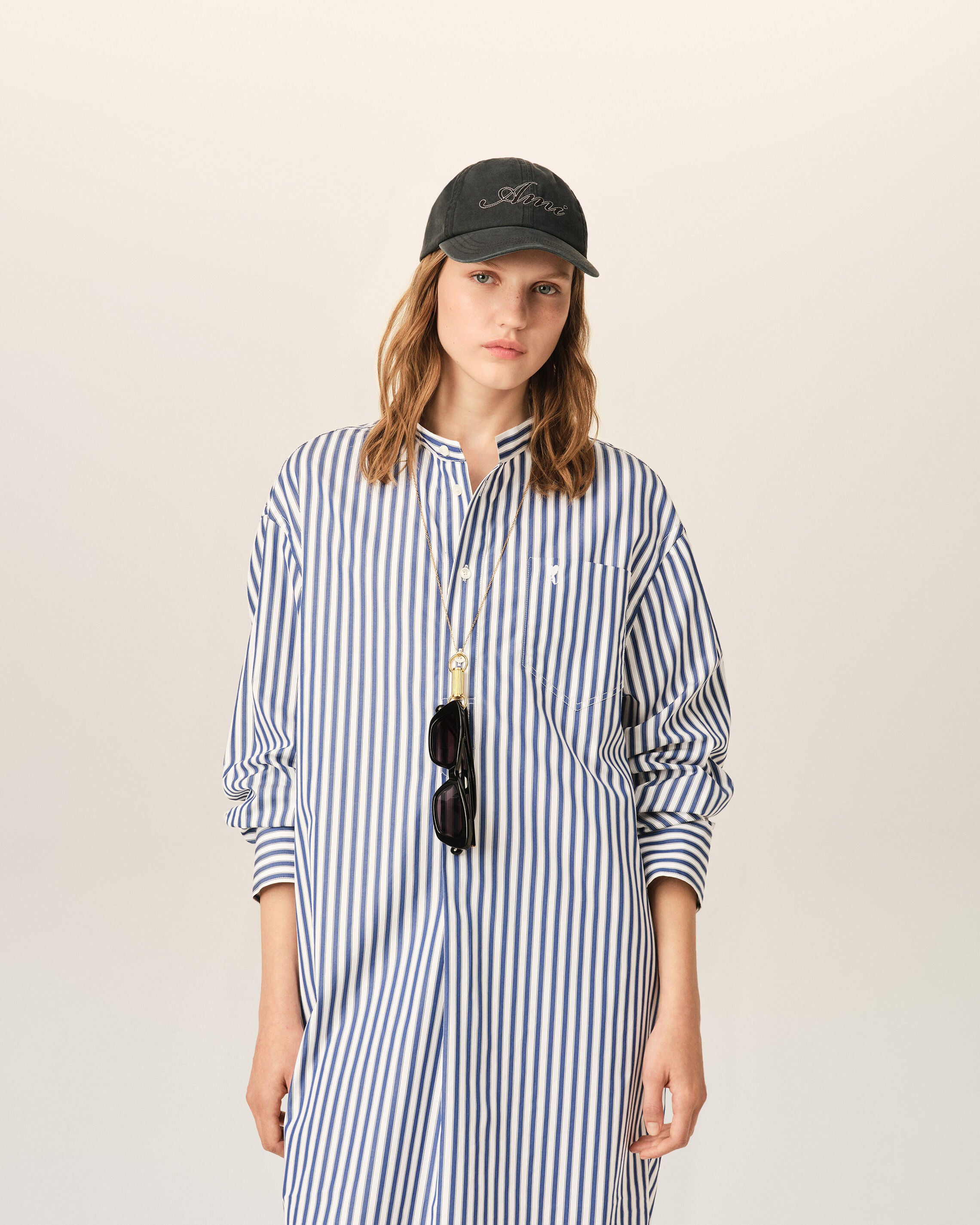 Vestido túnica azul de algodón con cuello mao - 9