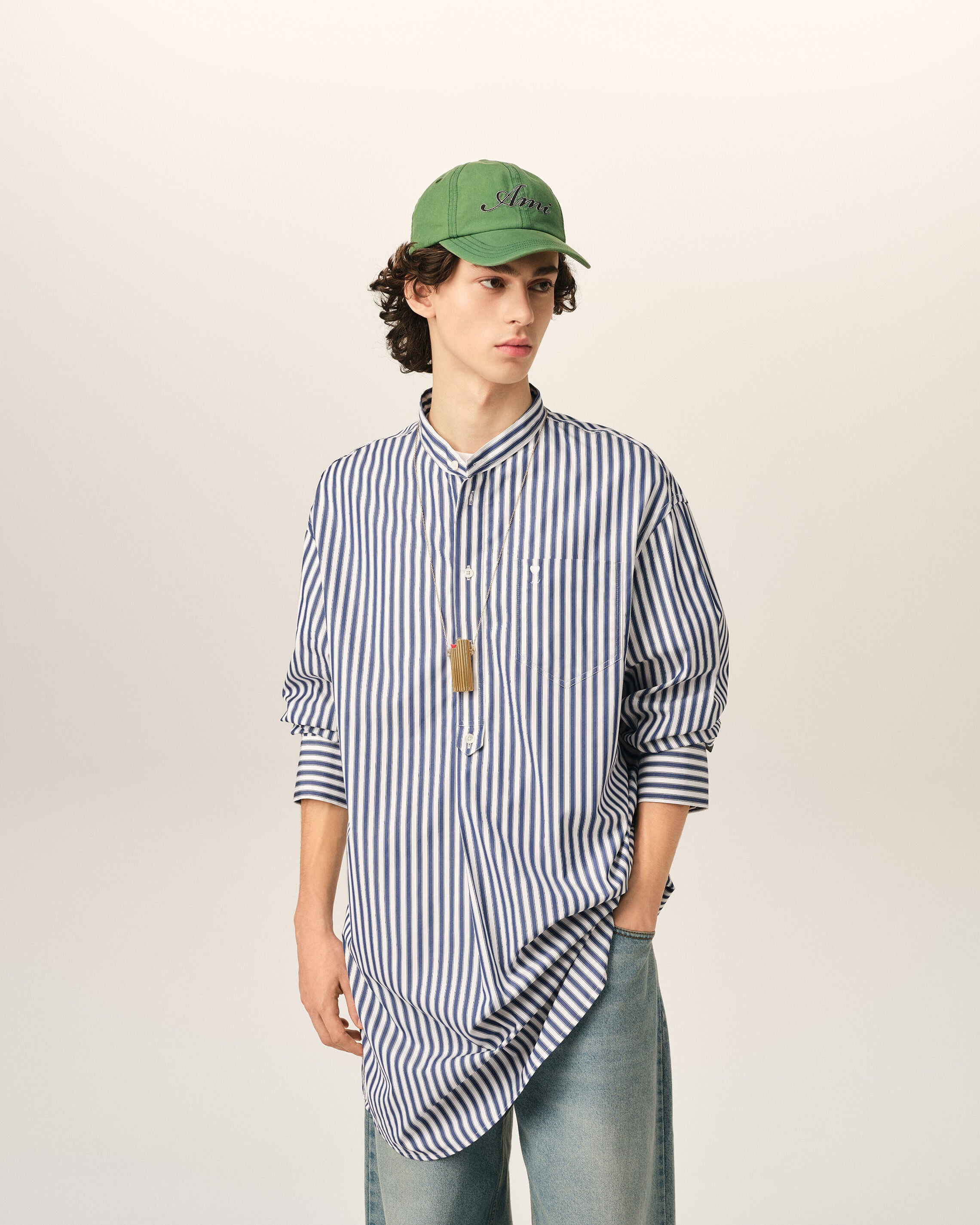 Vestido túnica azul de algodón con cuello mao - 3