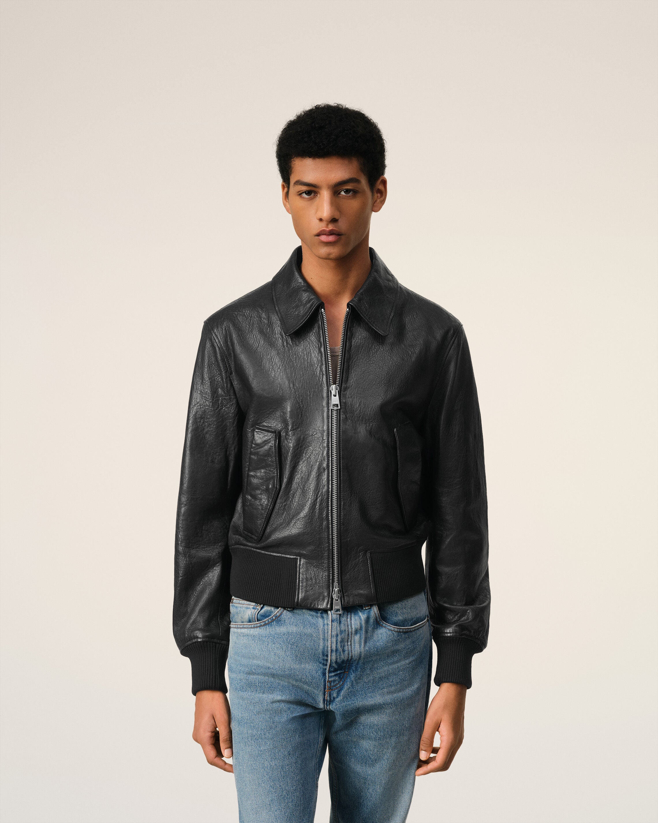 Black Leather Zipped Jacket | AMI PARIS