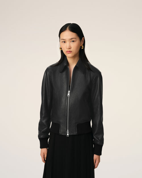 Veste Noire Zippée En Cuir - Femme - 9 - AMI Paris - Ami Paris