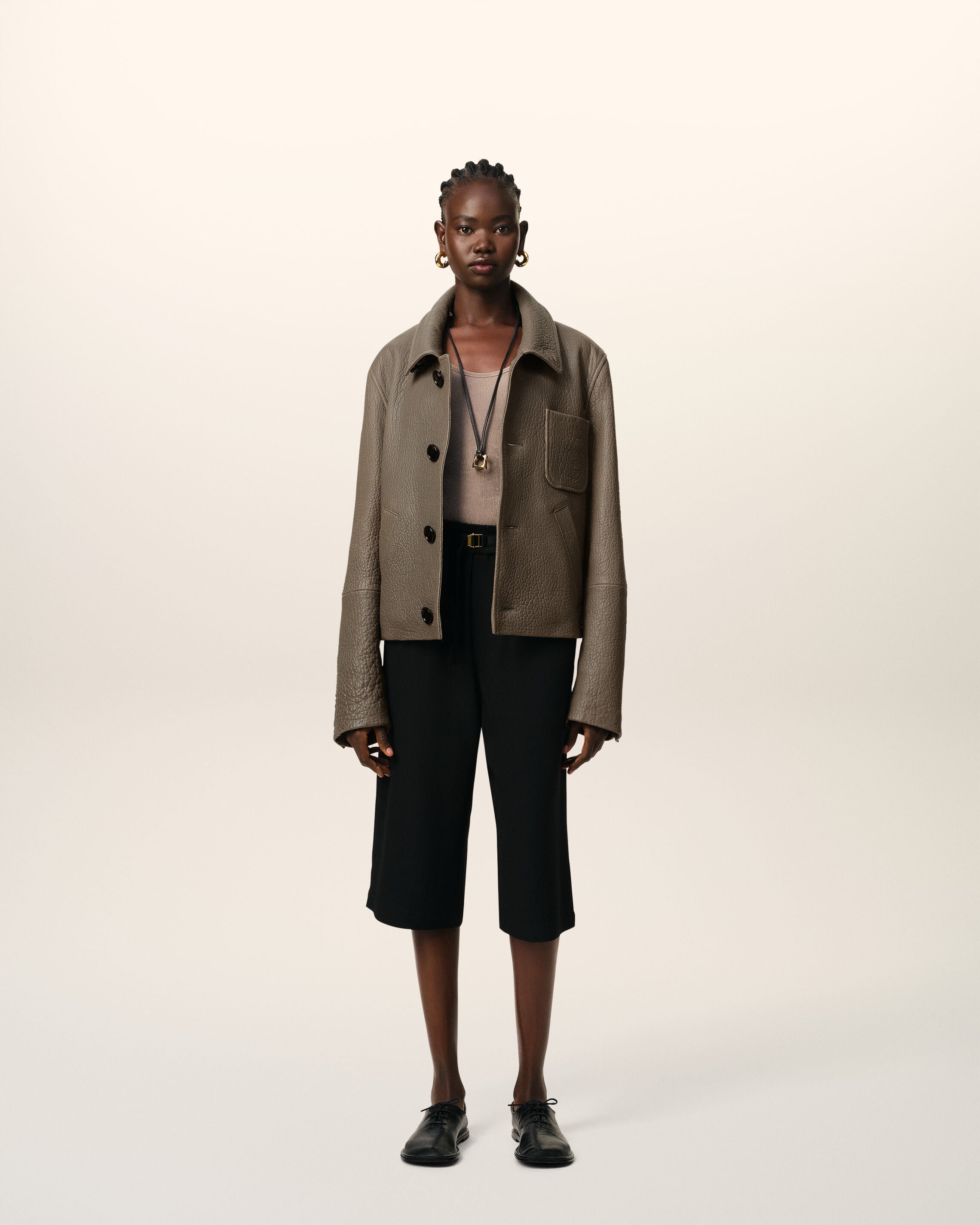 Taupe Leather Buttoned Jacket - 8
