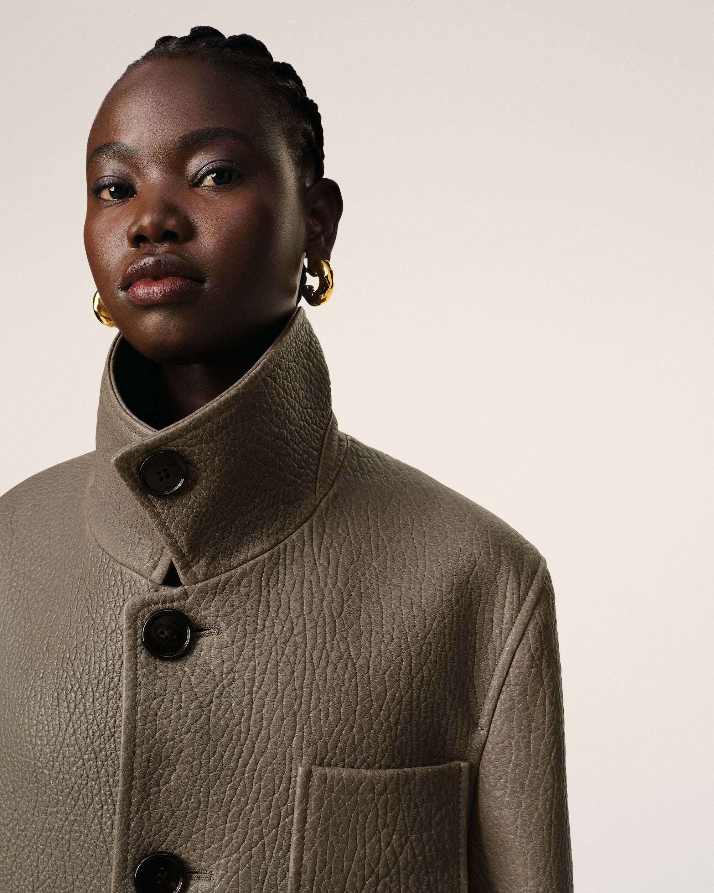 Taupe Leather Buttoned Jacket - 10
