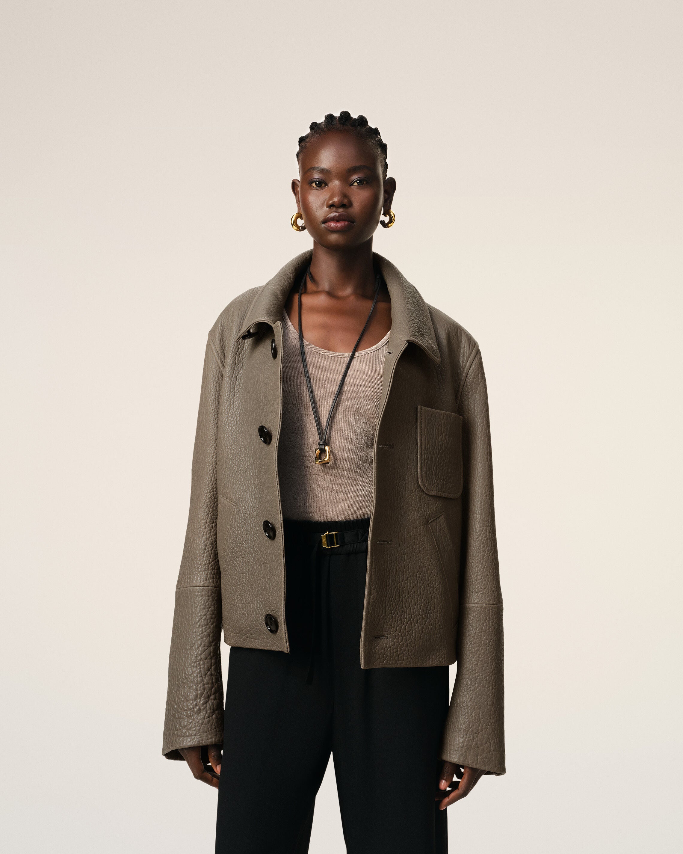 Taupe Leather Buttoned Jacket - 9
