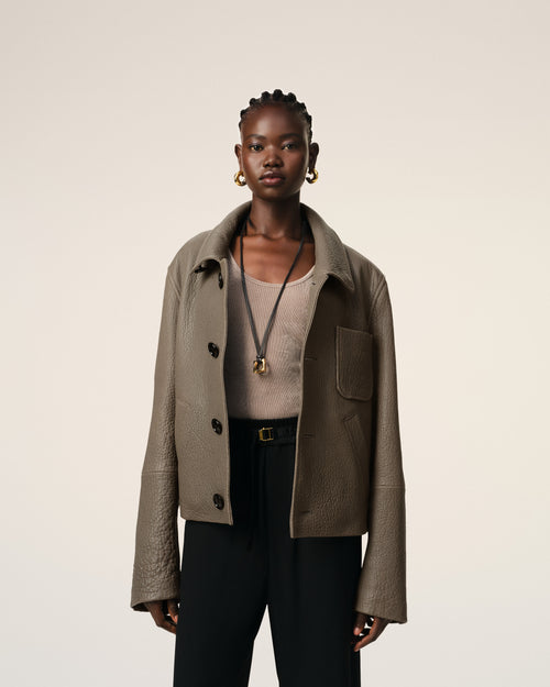 Taupe Leather Buttoned Jacket - 9 - Ami Paris