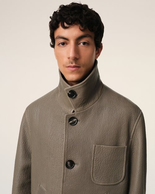 Taupe Leather Buttoned Jacket - 4 - Ami Paris