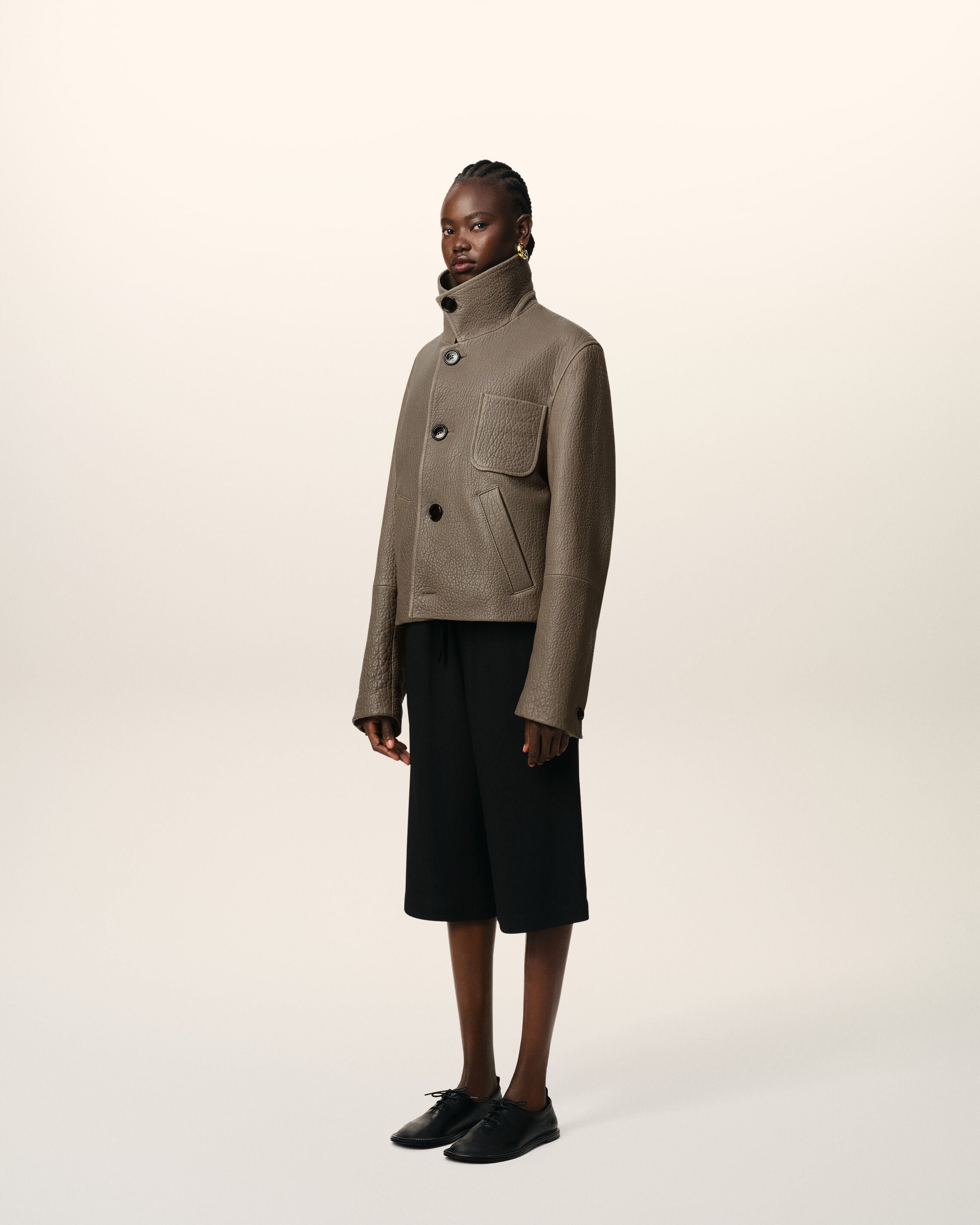 Taupe Leather Buttoned Jacket - 12
