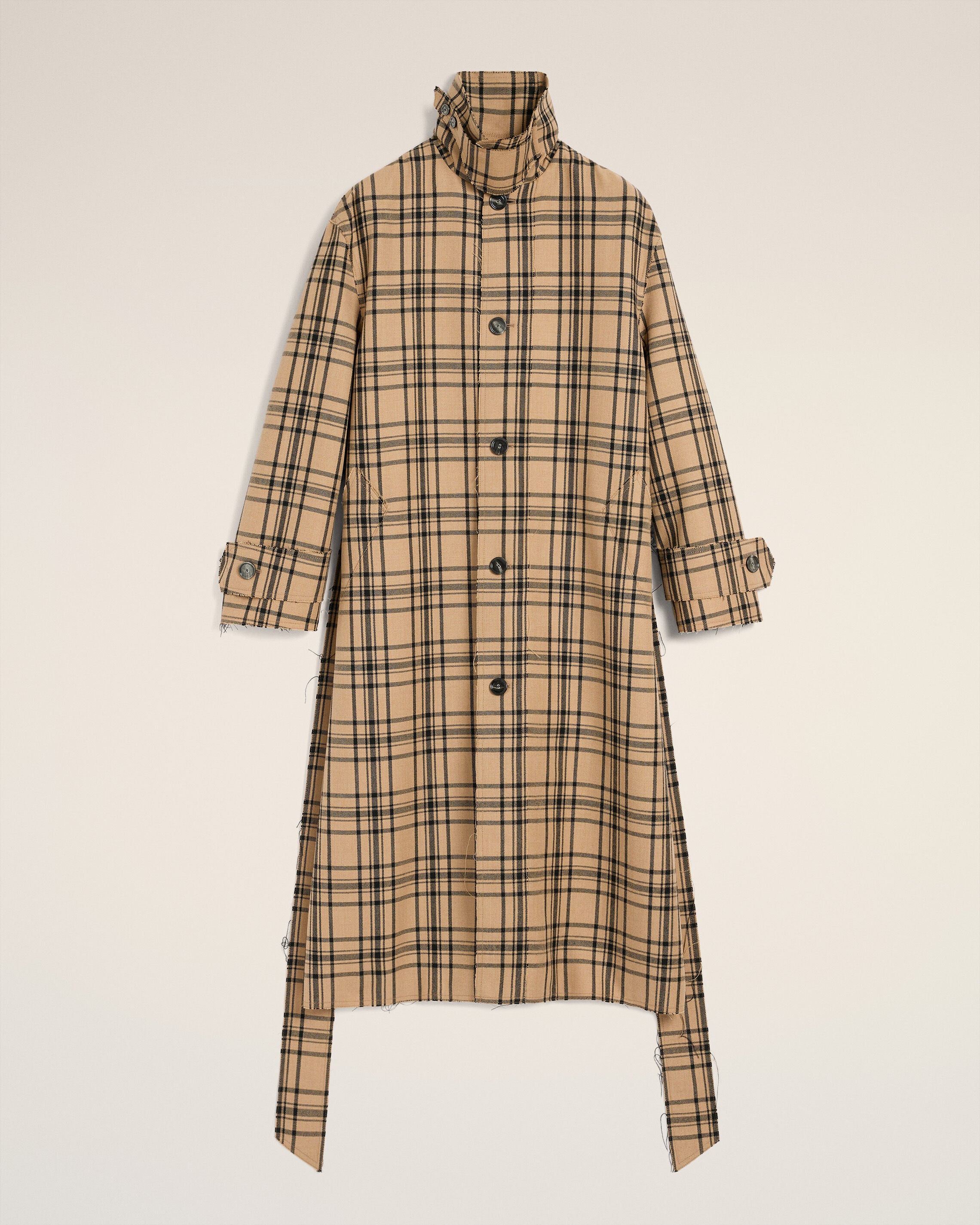 CAMEL/BLACK Brown Wool Checked Belted Mac | AMI PARIS