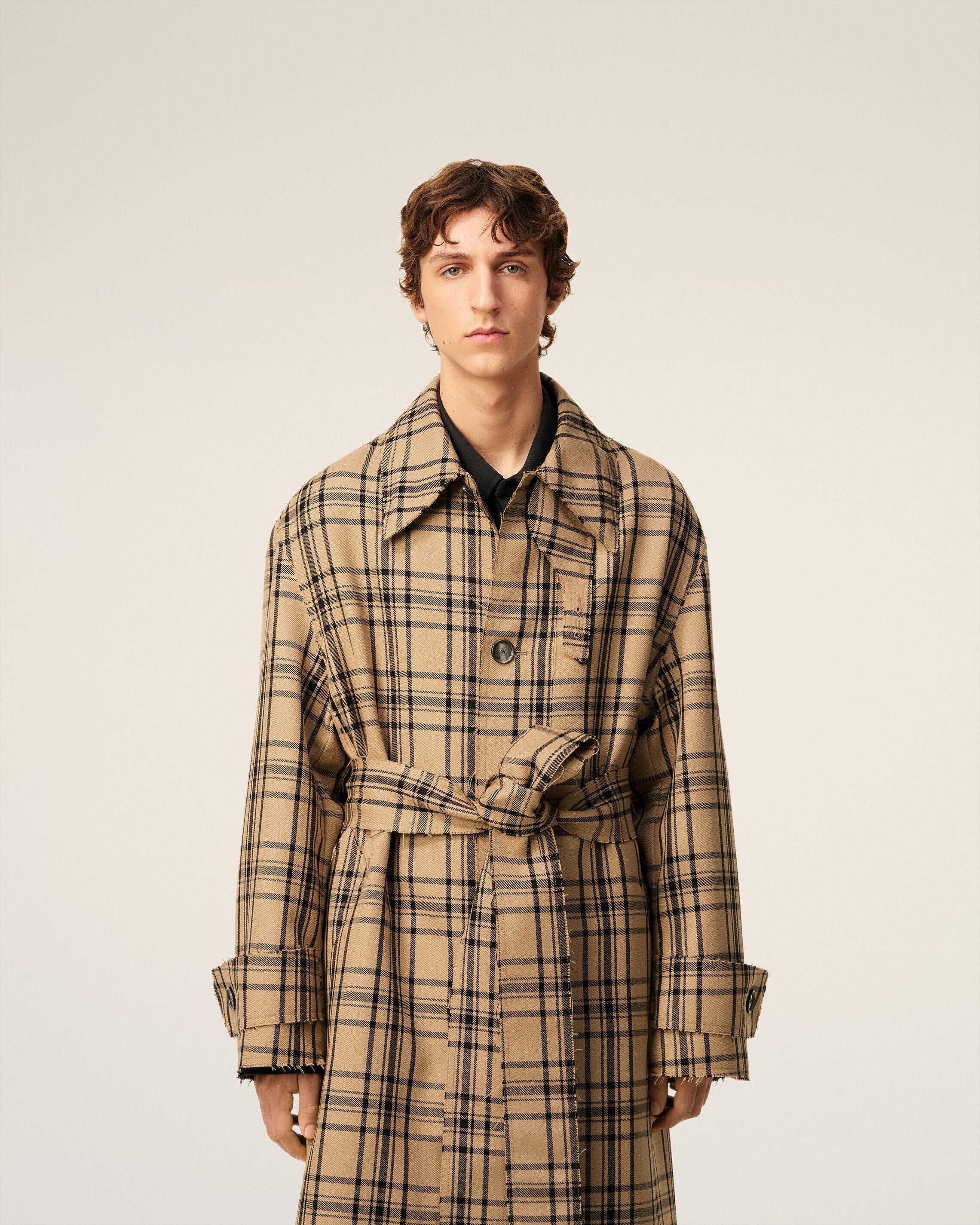 CAMEL/BLACK Brown Wool Checked Belted Mac | AMI PARIS