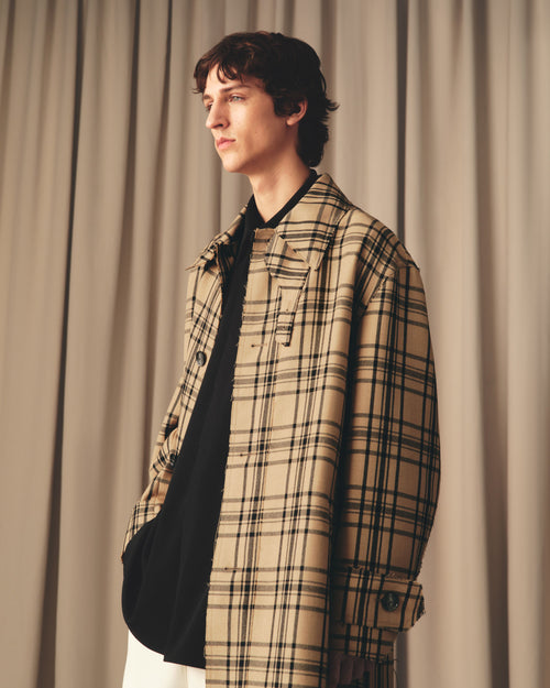 Brown Wool Checked Belted Mac - 8 - Ami Paris