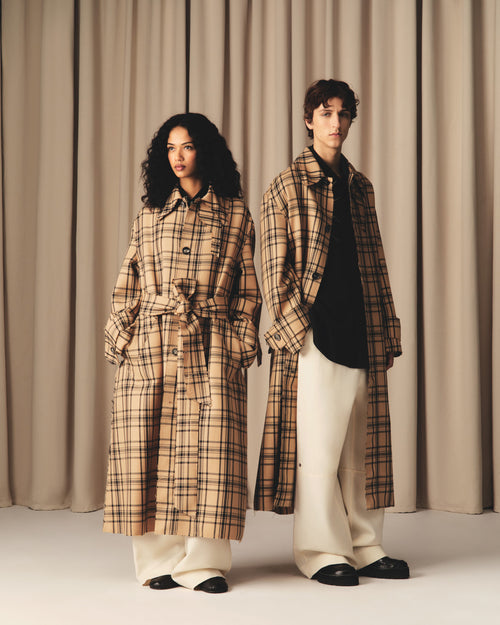 Brown Wool Checked Belted Mac - 16 - Ami Paris