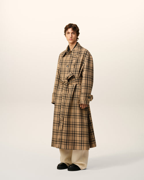 Brown Wool Checked Belted Mac - 6 - Ami Paris