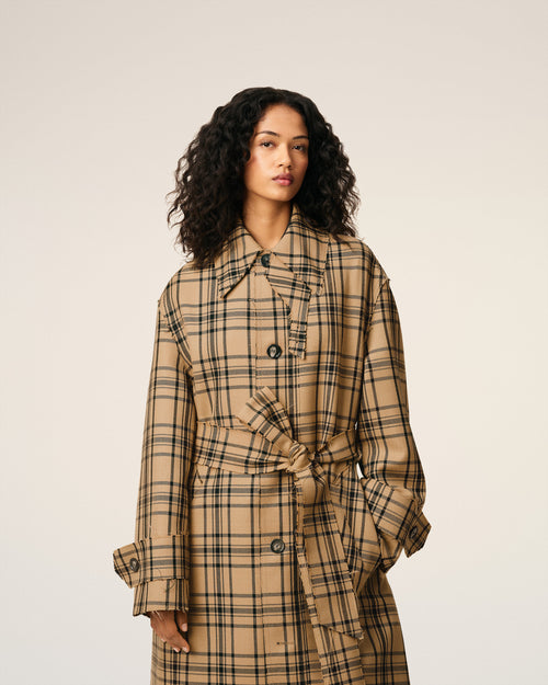 Brown Wool Checked Belted Mac - 11 - Ami Paris