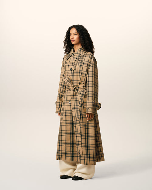 Brown Wool Checked Belted Mac - 14 - Ami Paris