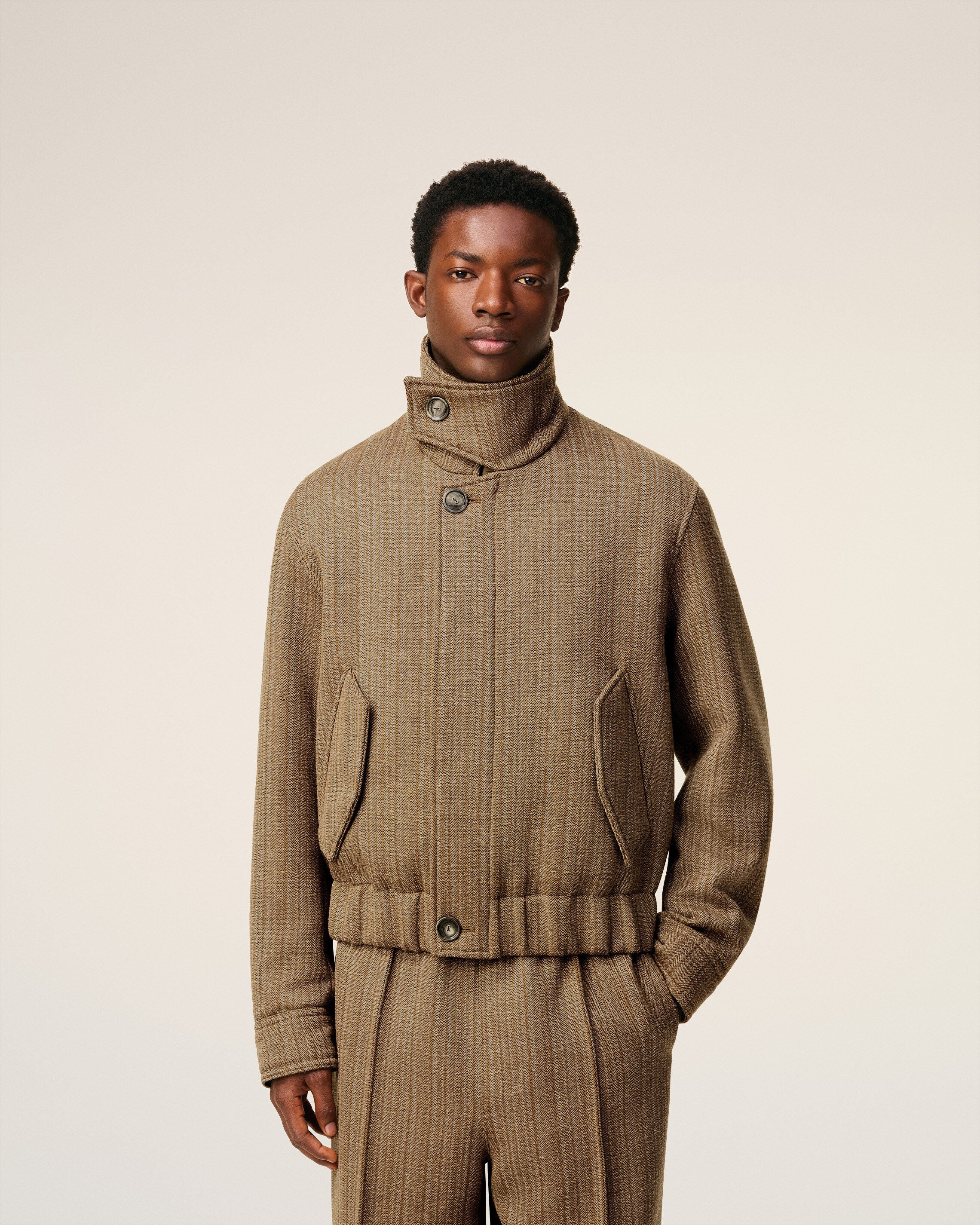 2803-CAMEL/IVORY Brown Wool Herringbone Harrington Jacket | AMI PARIS