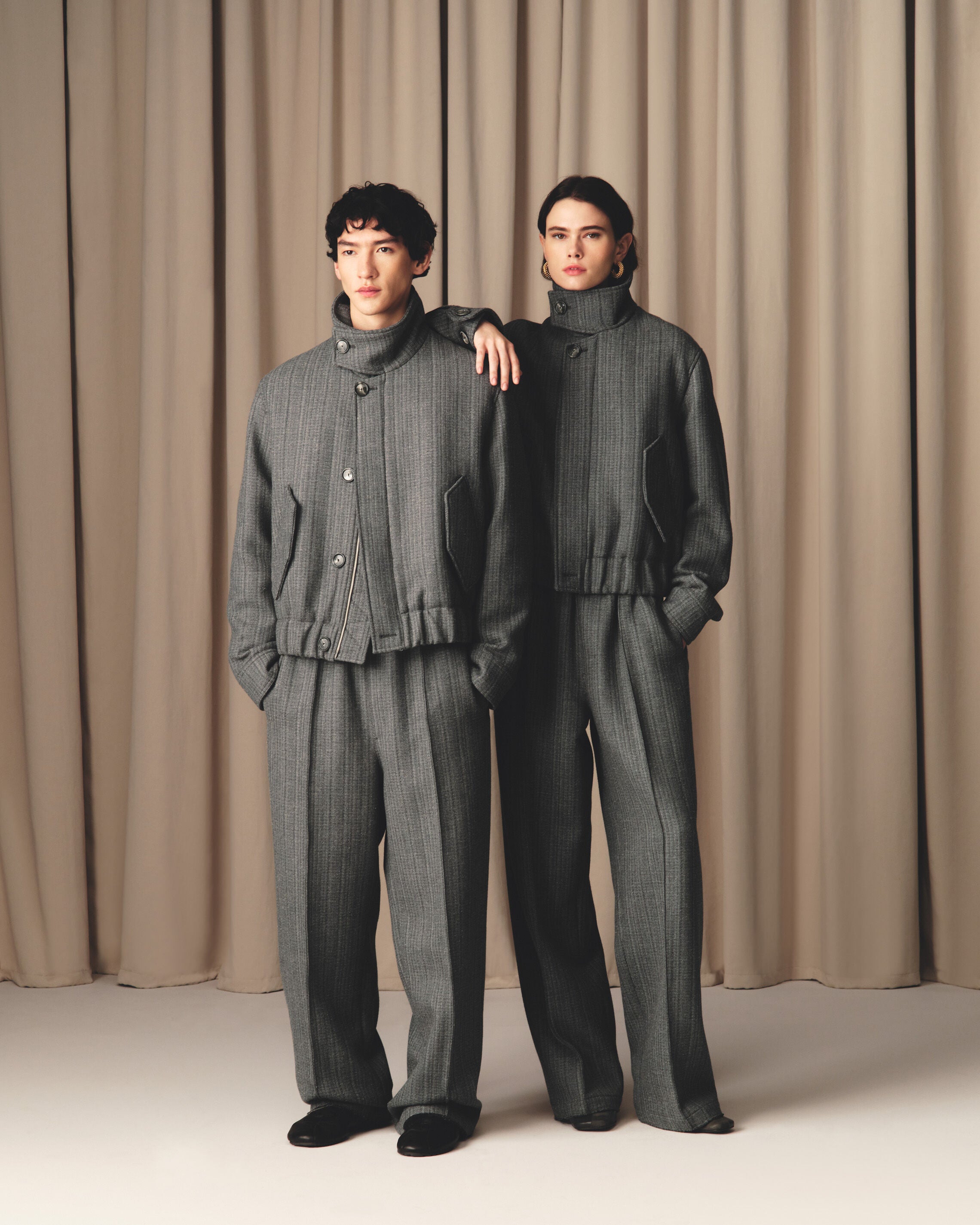 グレー ウール ヘリンボーン ハリントン ジャケット グレー/アイボリー