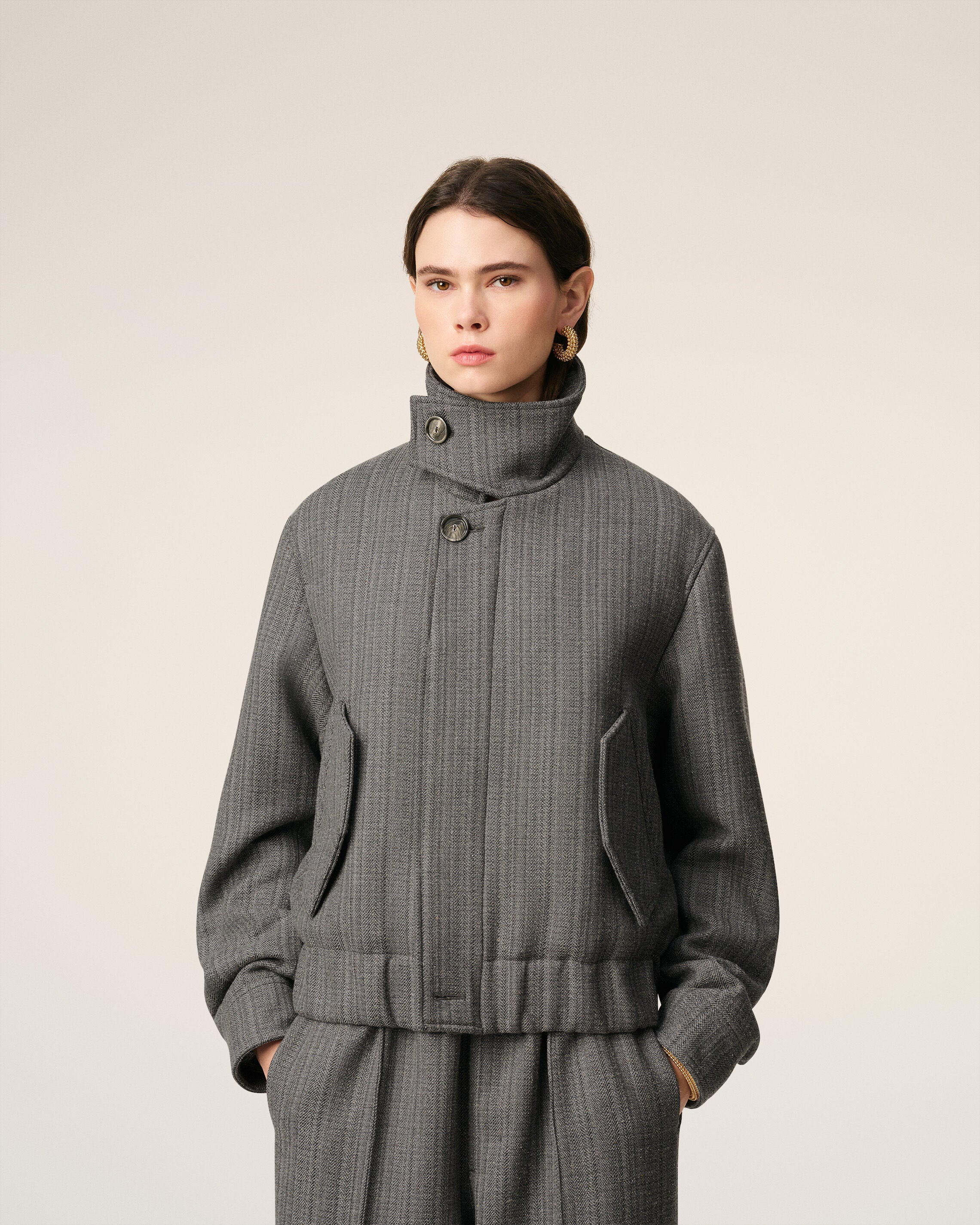 グレー ウール ヘリンボーン ハリントン ジャケット グレー/アイボリー