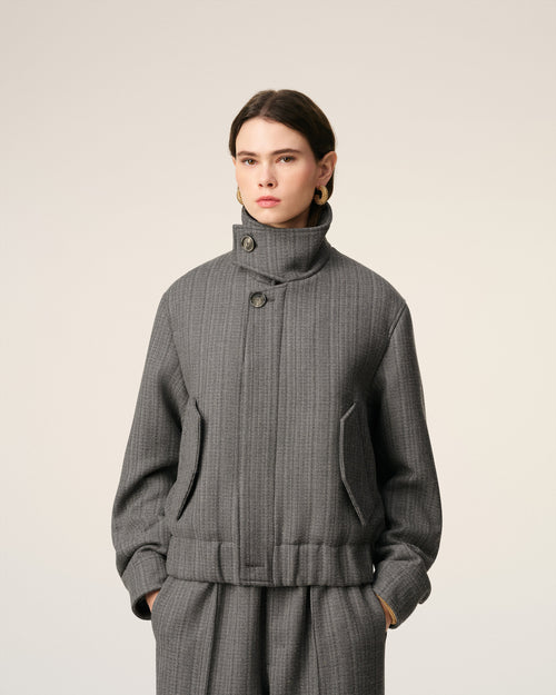 Grey Wool Herringbone Harrington Jacket - 10 - Ami Paris