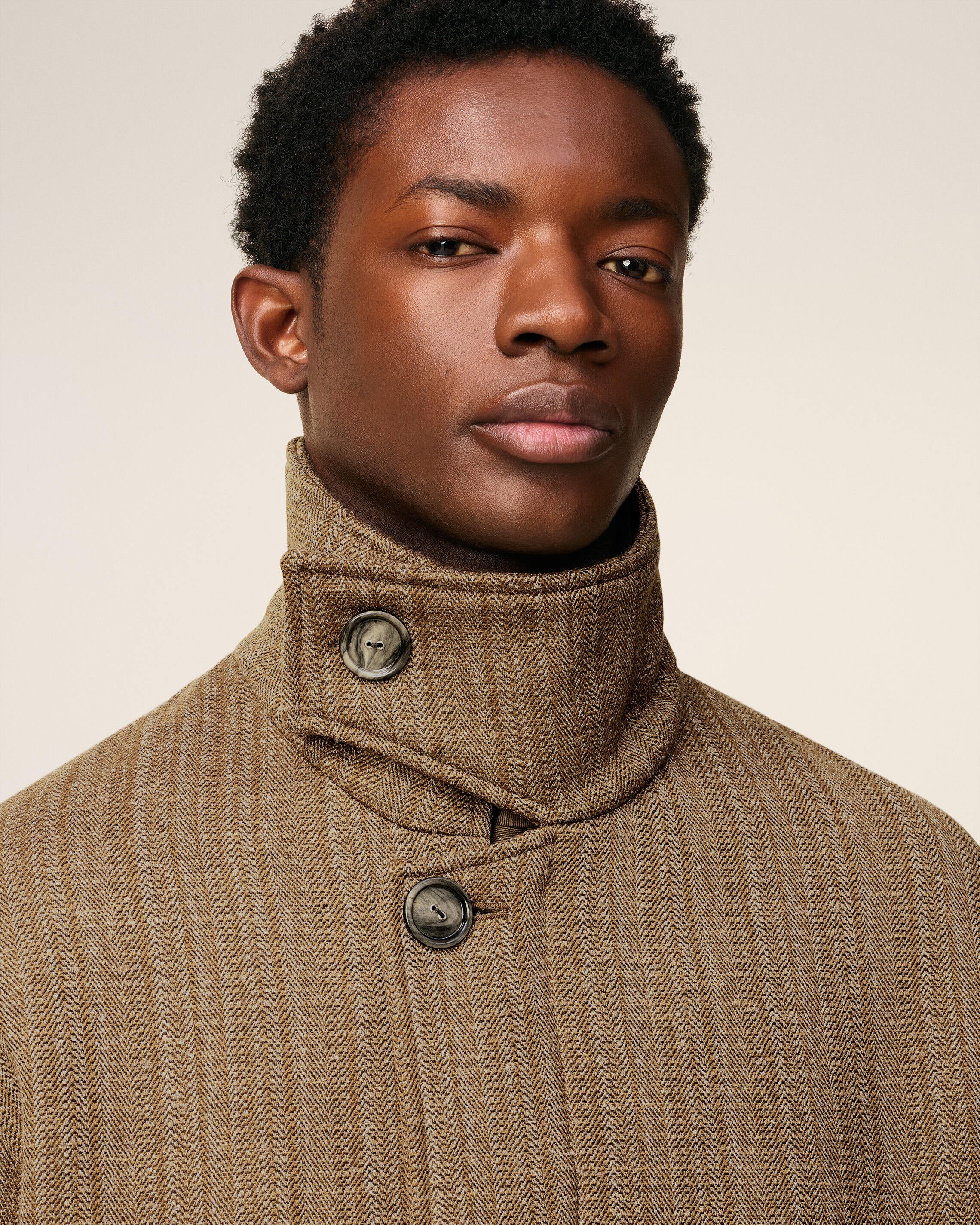 ブラウン ウール ヘリンボーン ハリントン ジャケット キャメル