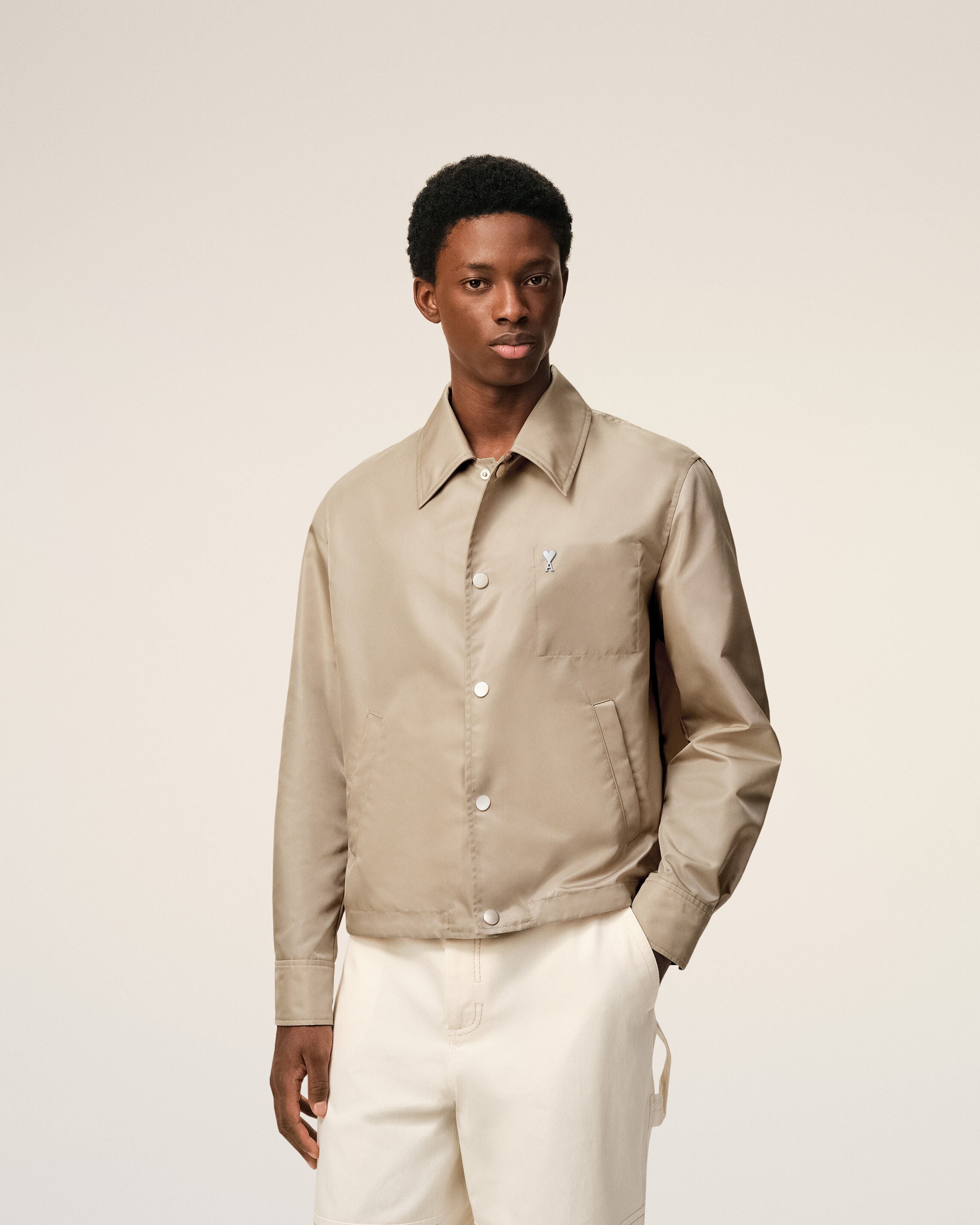 Beige Nylon Ami De Coeur Stud Buttoned Jacket - 3