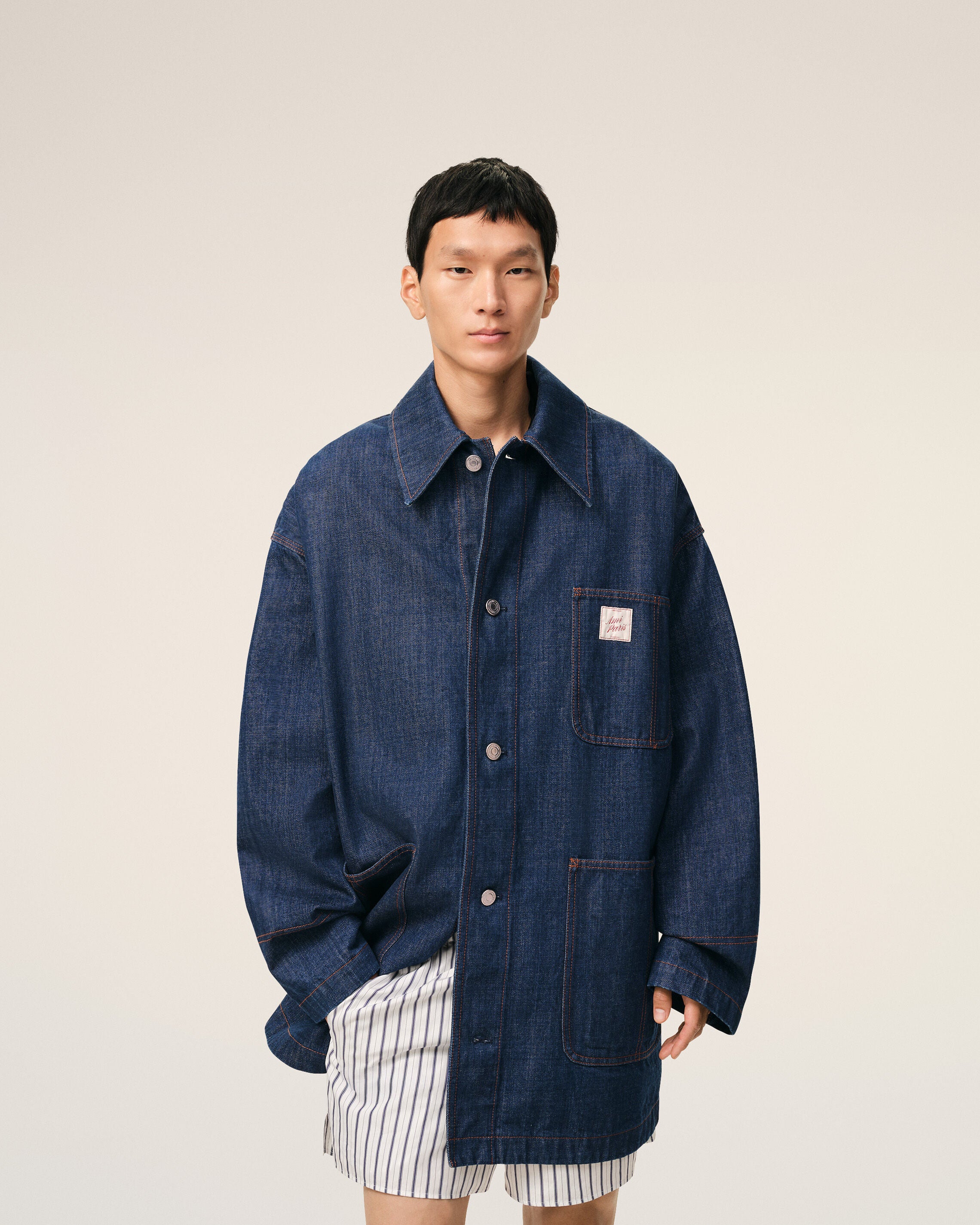 INDIGO Blue Cotton Ami Paris Heritage Label Worker Jacket | Ami Paris