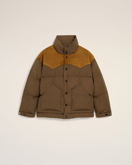 Brown nylon and cotton down jacket with leather panels - Woman - 7 - AMI Paris - Ami Paris