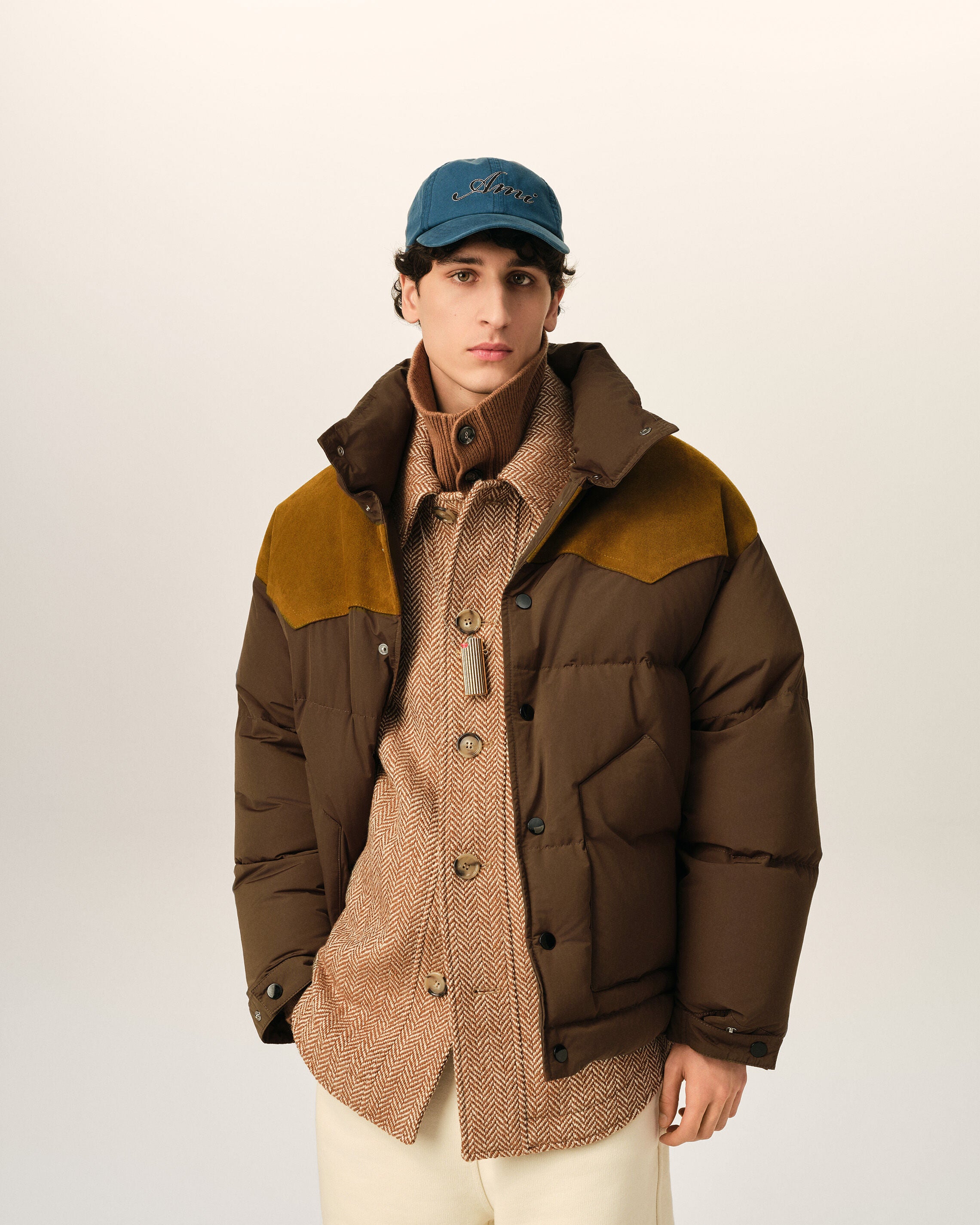 Brown nylon and cotton down jacket with leather panels - 3