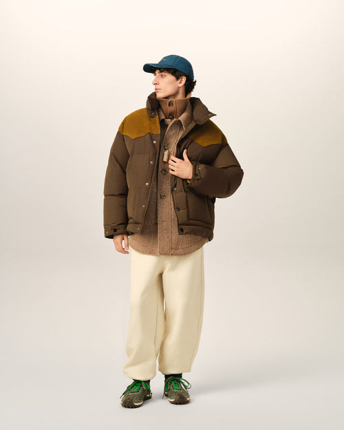 Brown nylon and cotton down jacket with leather panels - Man - 2 - AMI Paris - Ami Paris