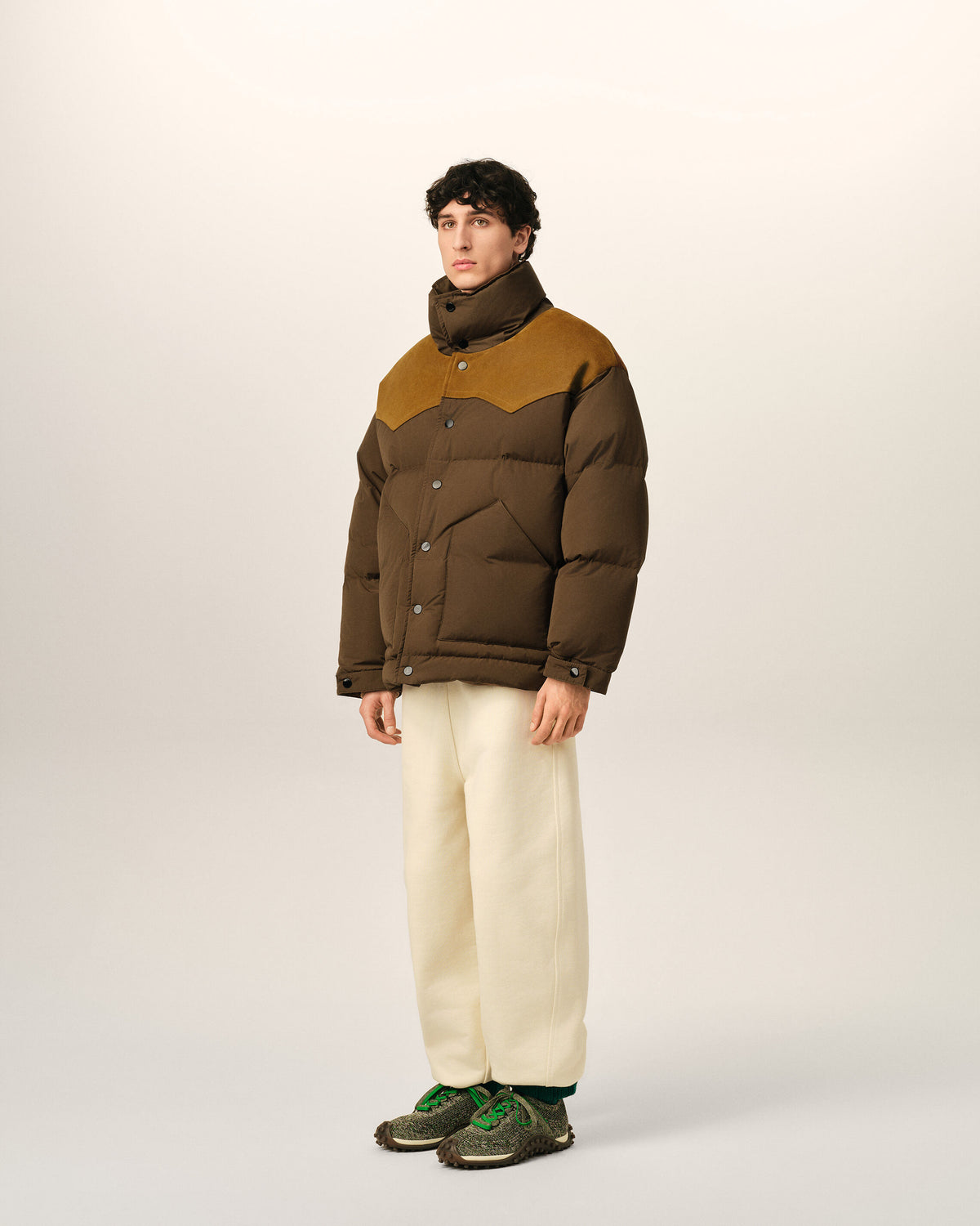 Doudoune marron en nylon et coton avec empiècement en cuir - 6
