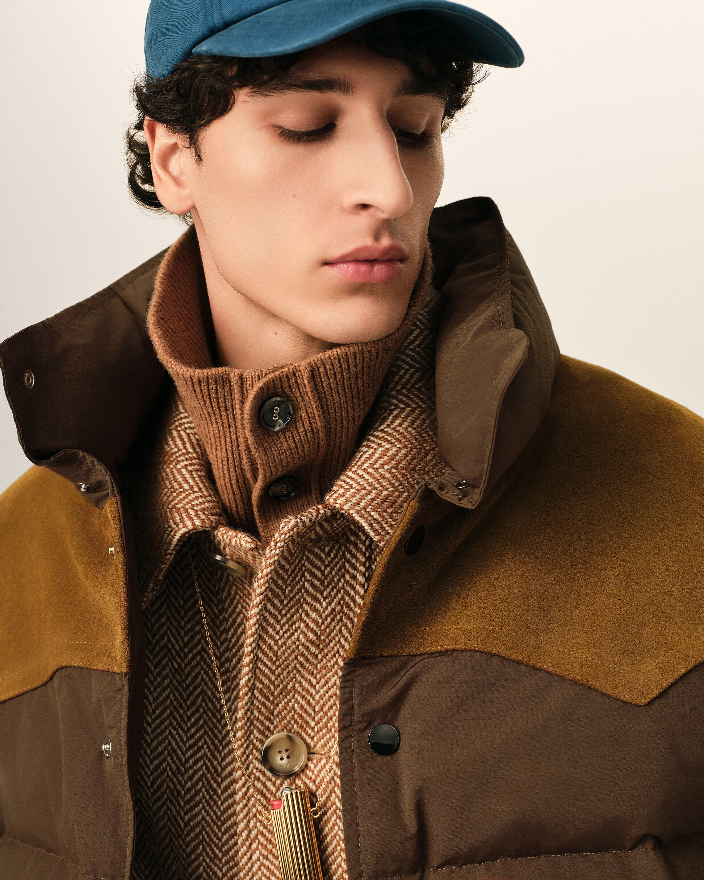 Brown nylon and cotton down jacket with leather panels - 4