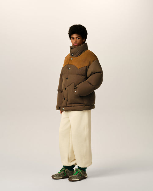 Brown nylon and cotton down jacket with leather panels - Woman - 12 - AMI Paris - Ami Paris