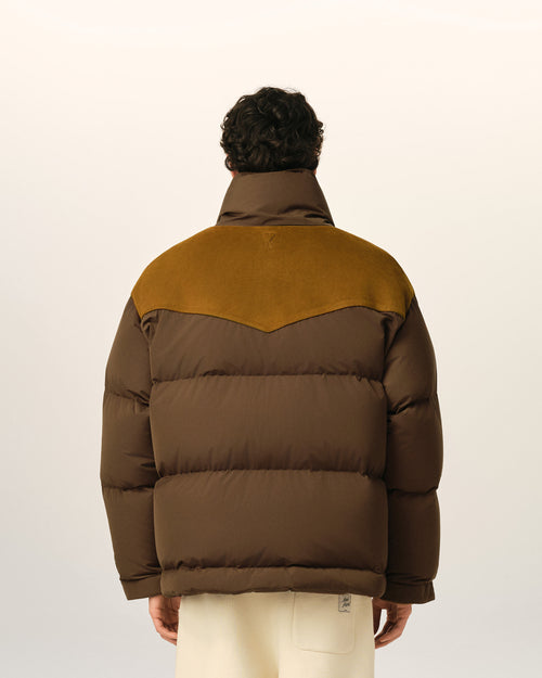 Brown nylon and cotton down jacket with leather panels - Man - 5 - AMI Paris - Ami Paris