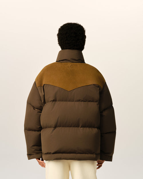 Brown nylon and cotton down jacket with leather panels - Woman - 11 - AMI Paris - Ami Paris