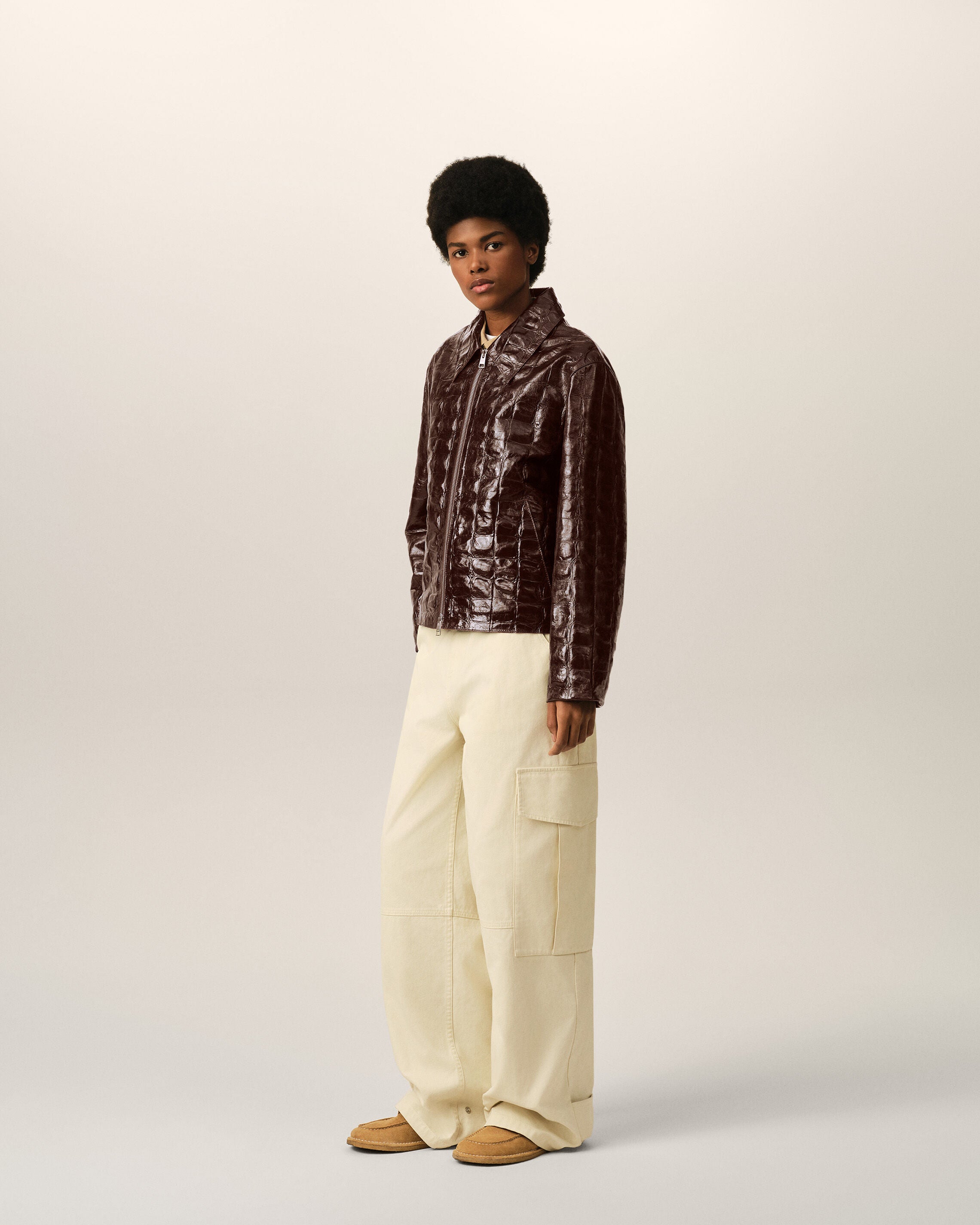 Burgundy crocodile embossed cowhide leather zipped jacket - 13