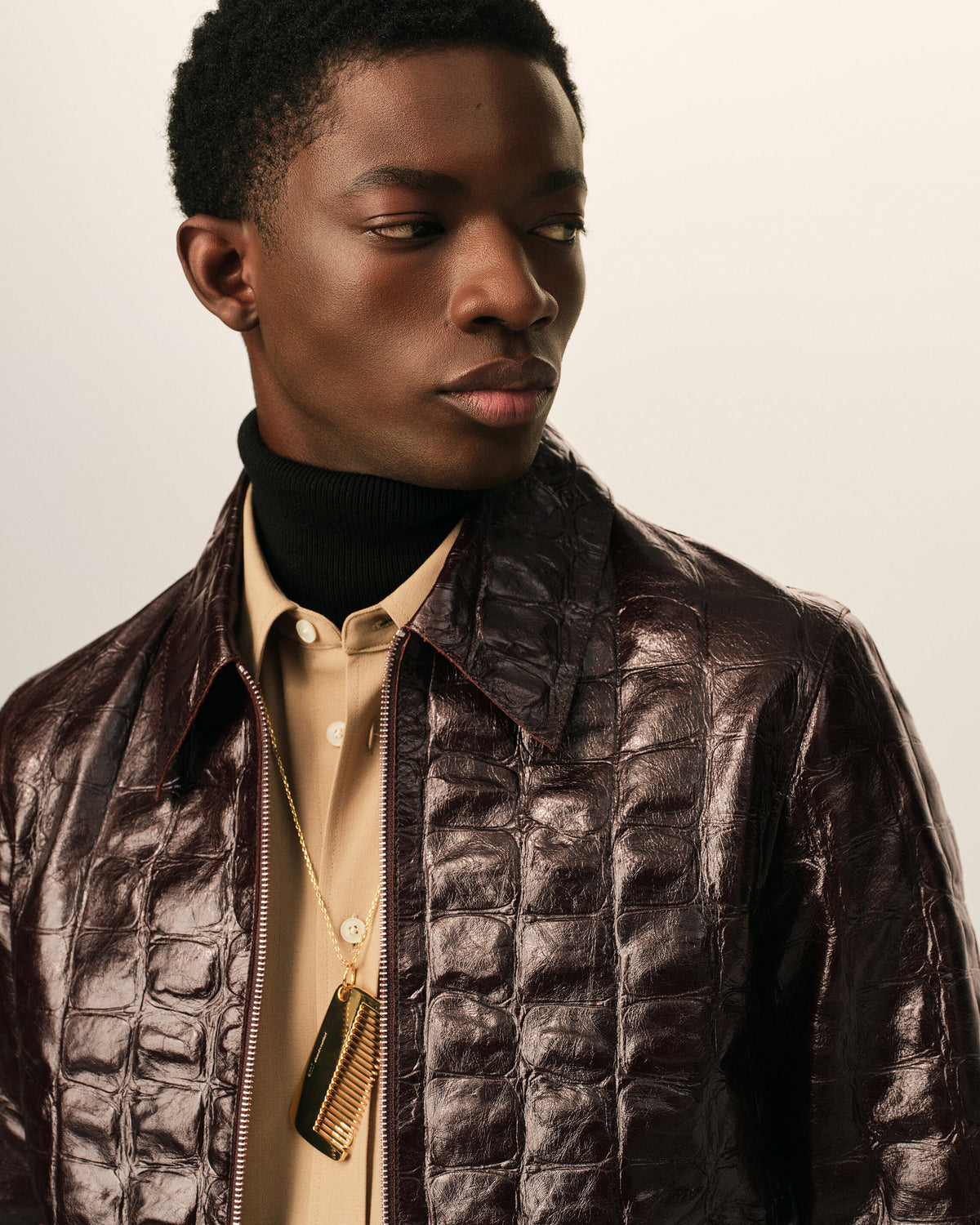Veste zippée bordeaux en cuir embossé crocodile - 4