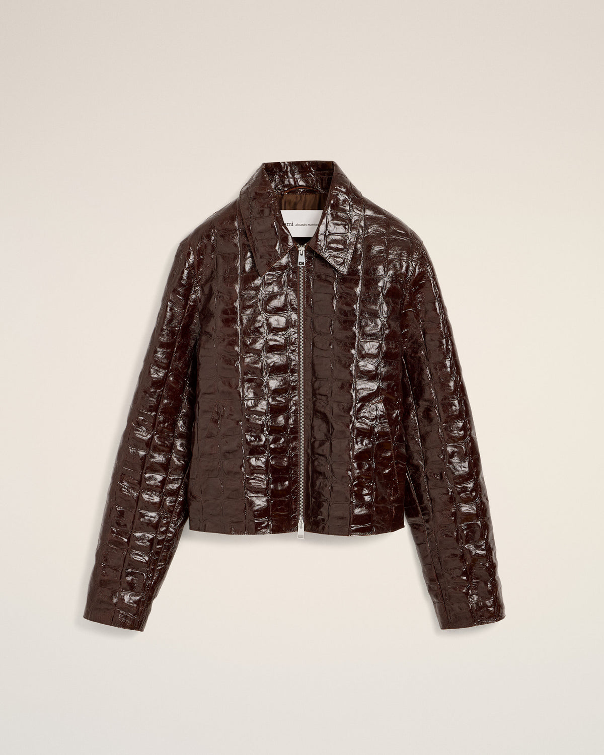 Veste zippée bordeaux en cuir embossé crocodile - 8