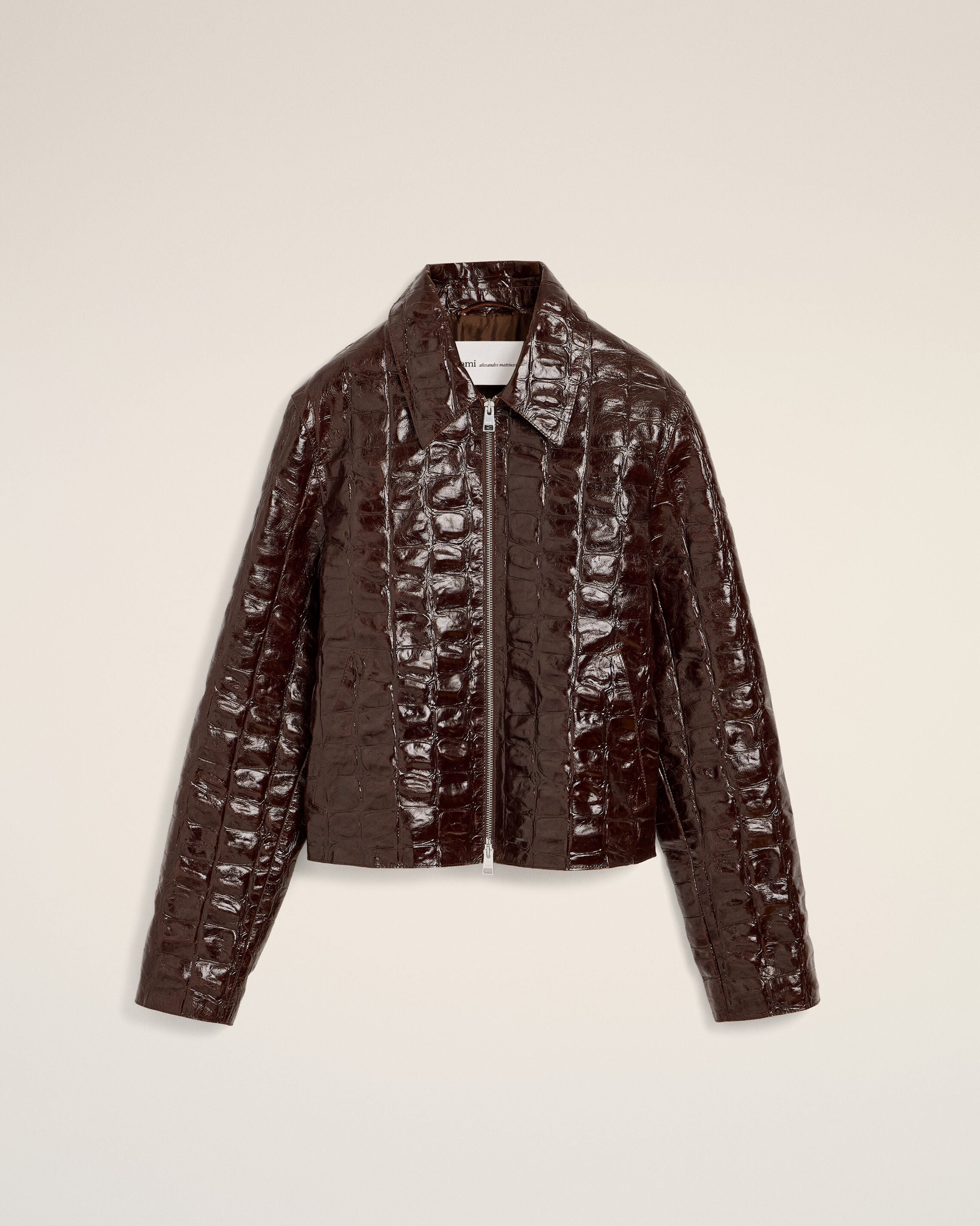Burgundy crocodile embossed cowhide leather zipped jacket - 1