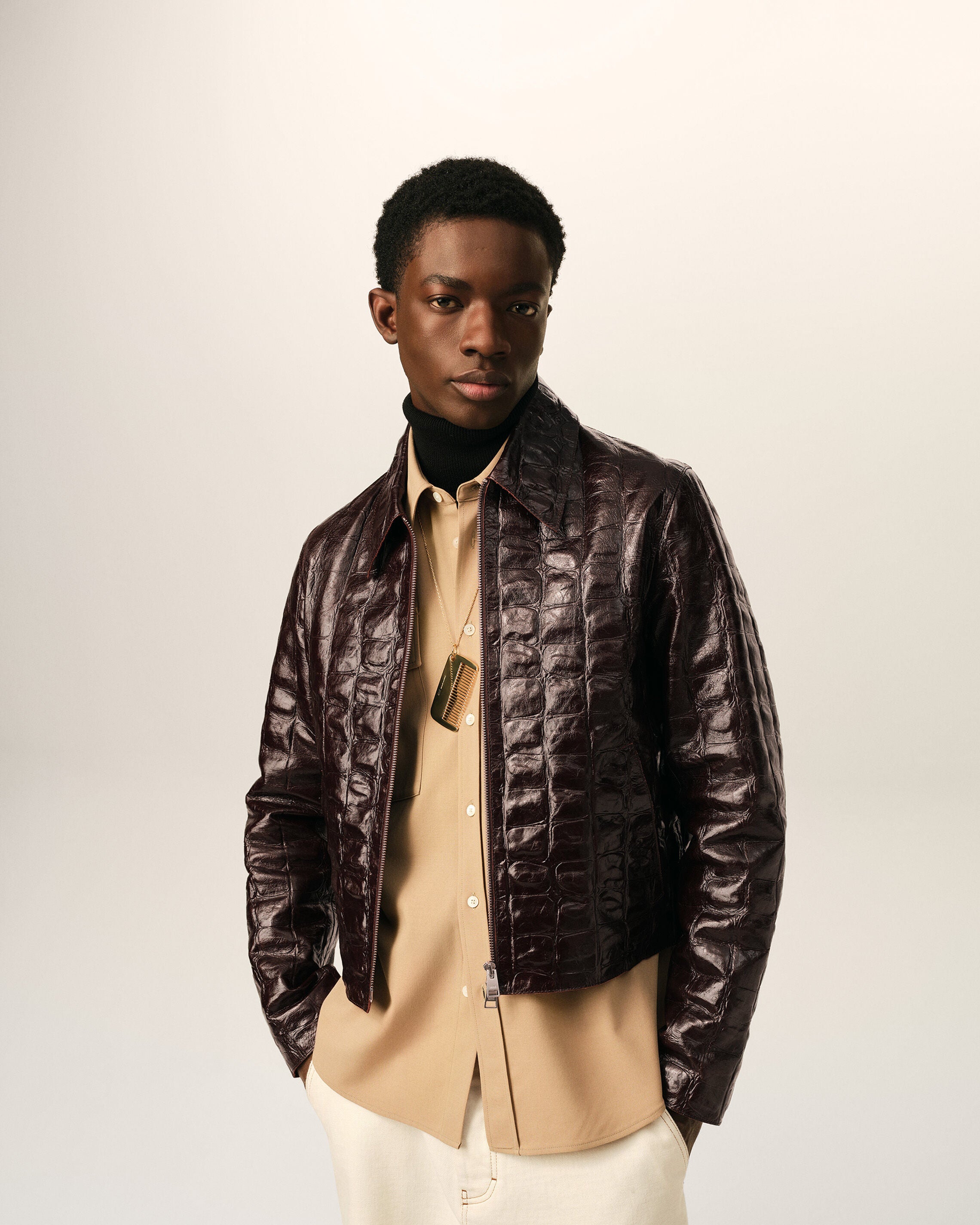 Burgundy crocodile embossed cowhide leather zipped jacket - 3