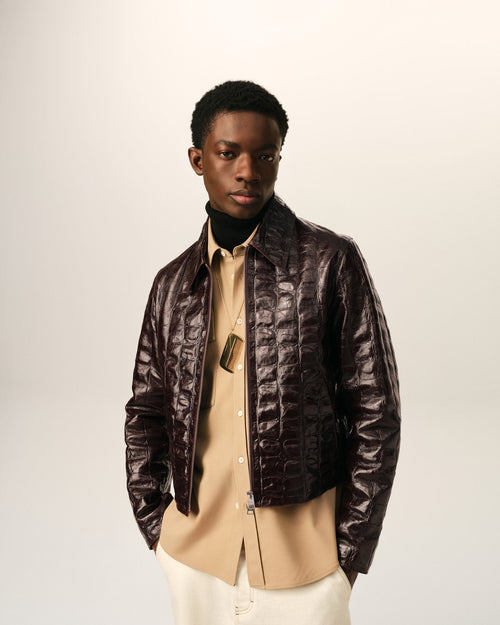 Burgundy crocodile embossed cowhide leather zipped jacket - Man - 3 - AMI Paris - Ami Paris