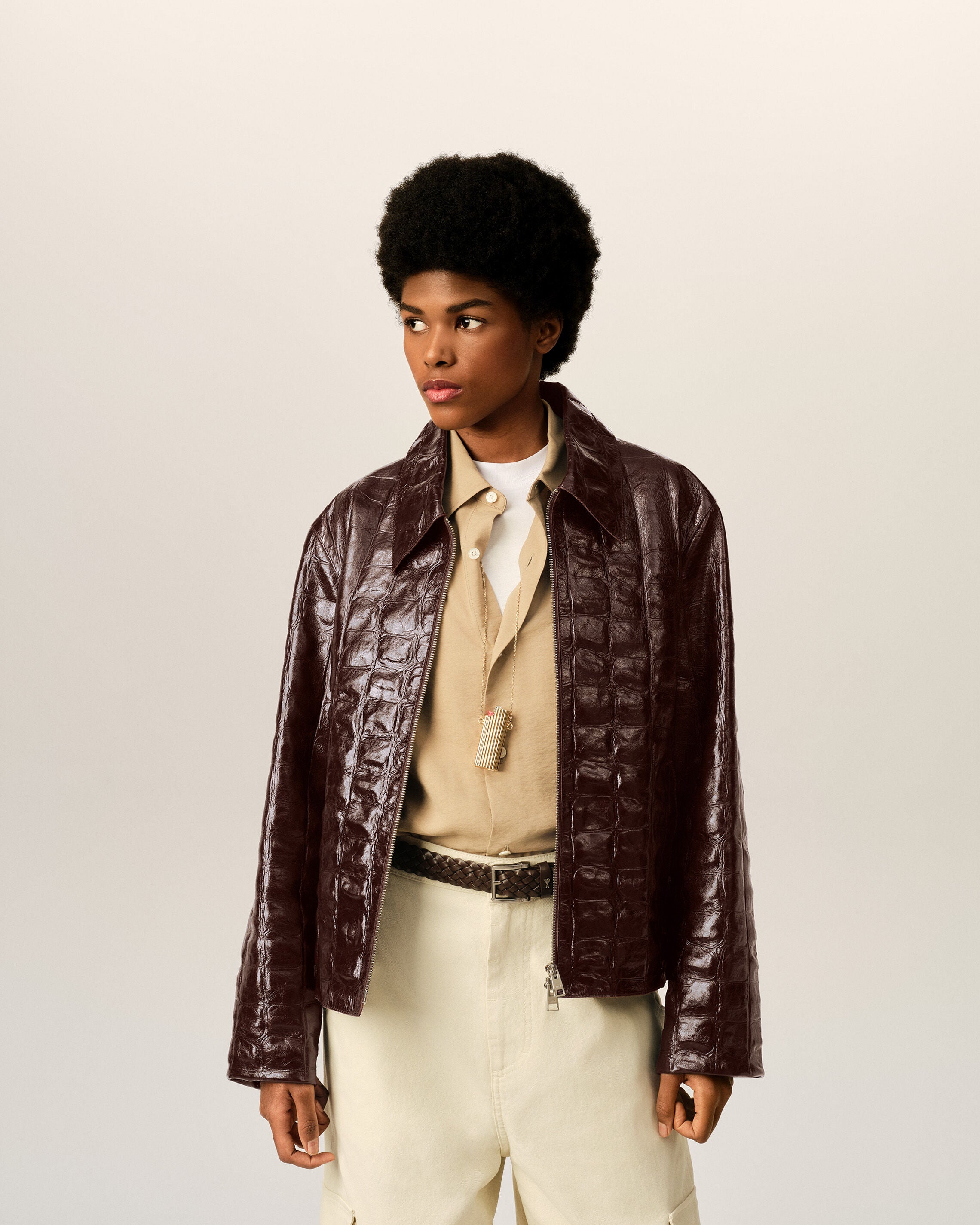 Burgundy crocodile embossed cowhide leather zipped jacket - 10