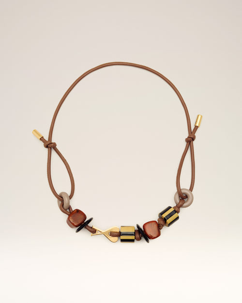                                 Brown Leather Ami De Coeur Pearls Necklace - 3                             - Ami Paris
