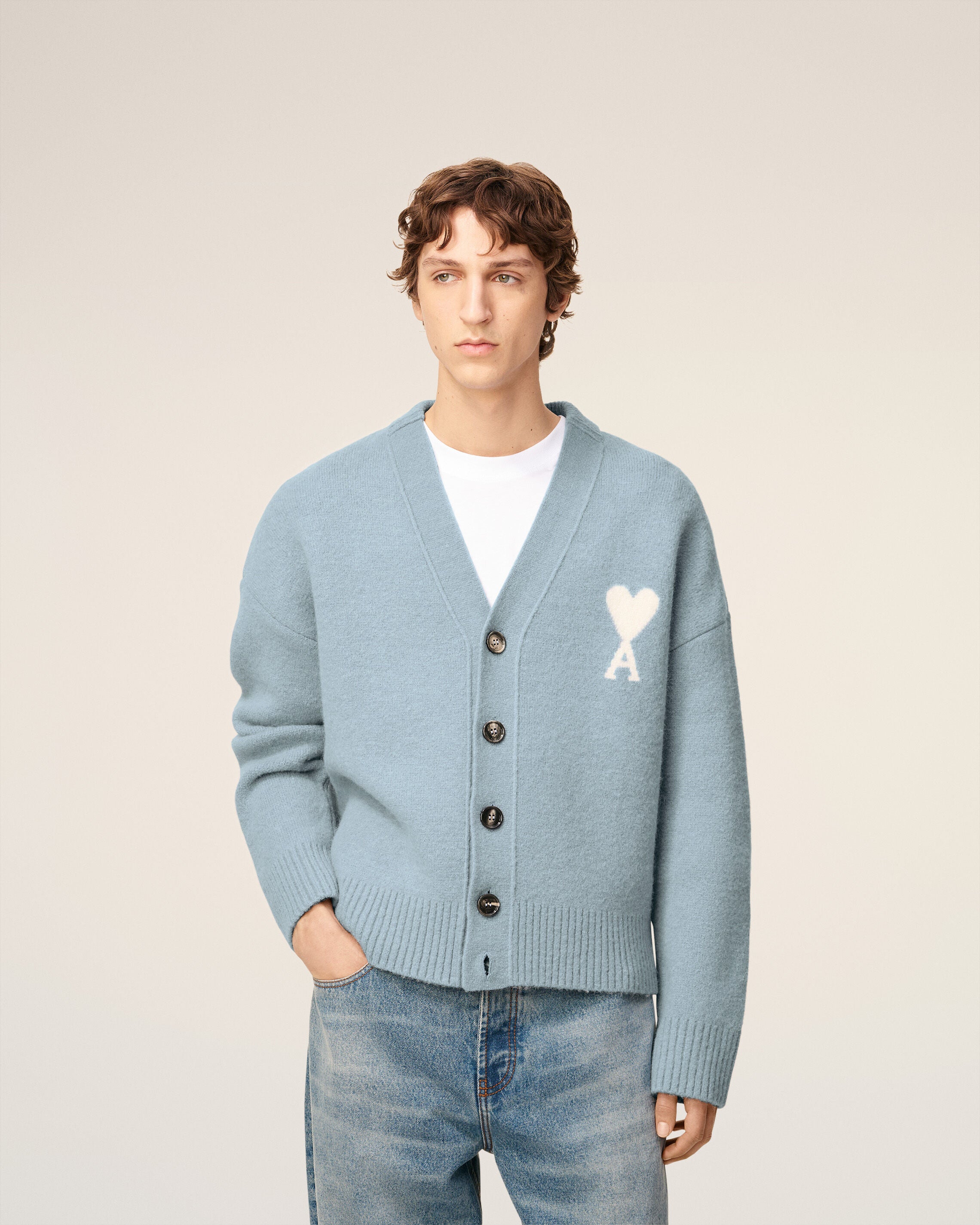 ブルー アルパカ Ami De Coeur カーディガン スカイ/オフホワイト