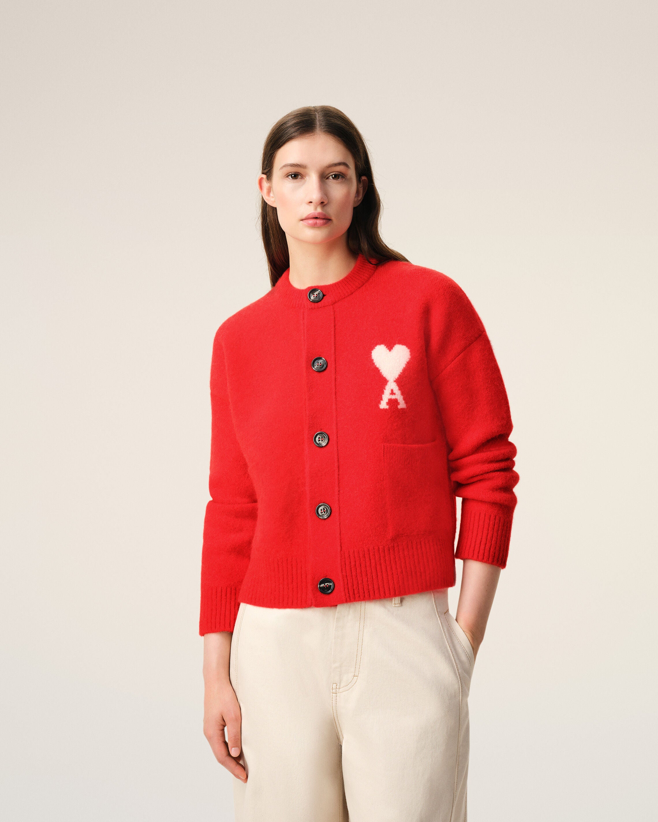 6041-RED CARMIN/OFF WHITE Red Alpaca Ami De Coeur Cardigan | AMI PARIS