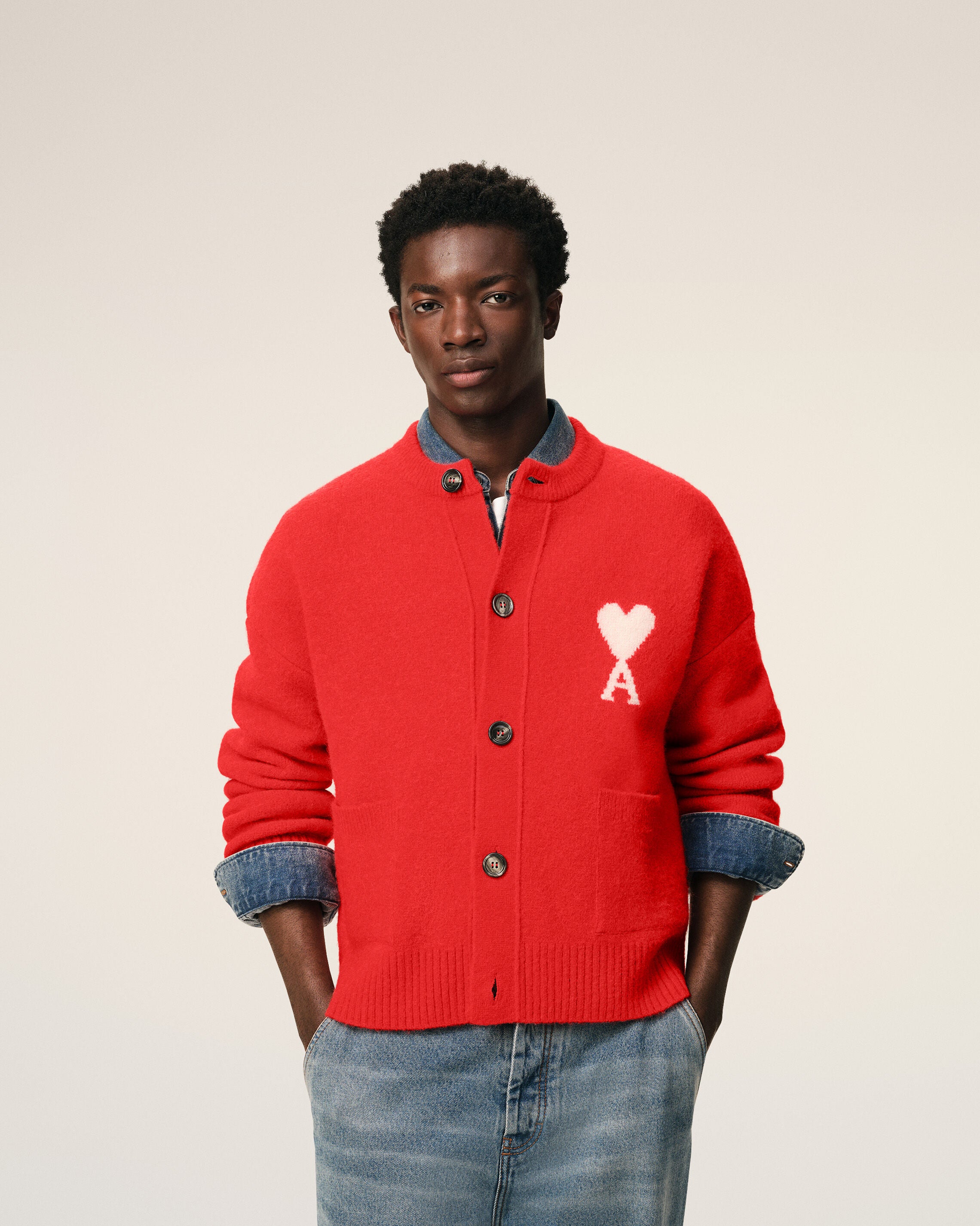 6041-RED CARMIN/OFF WHITE Red Alpaca Ami De Coeur Cardigan | AMI PARIS