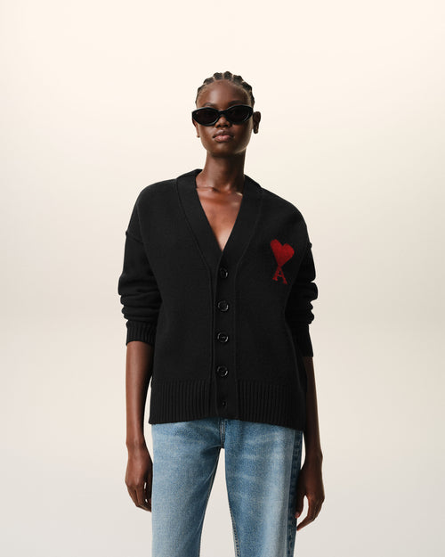 Black Wool Cardigan With Contrasted Ami De Coeur - Woman - 12 - AMI Paris - Ami Paris