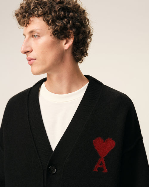 Black Wool Cardigan With Contrasted Ami De Coeur - Man - 4 - AMI Paris - Ami Paris