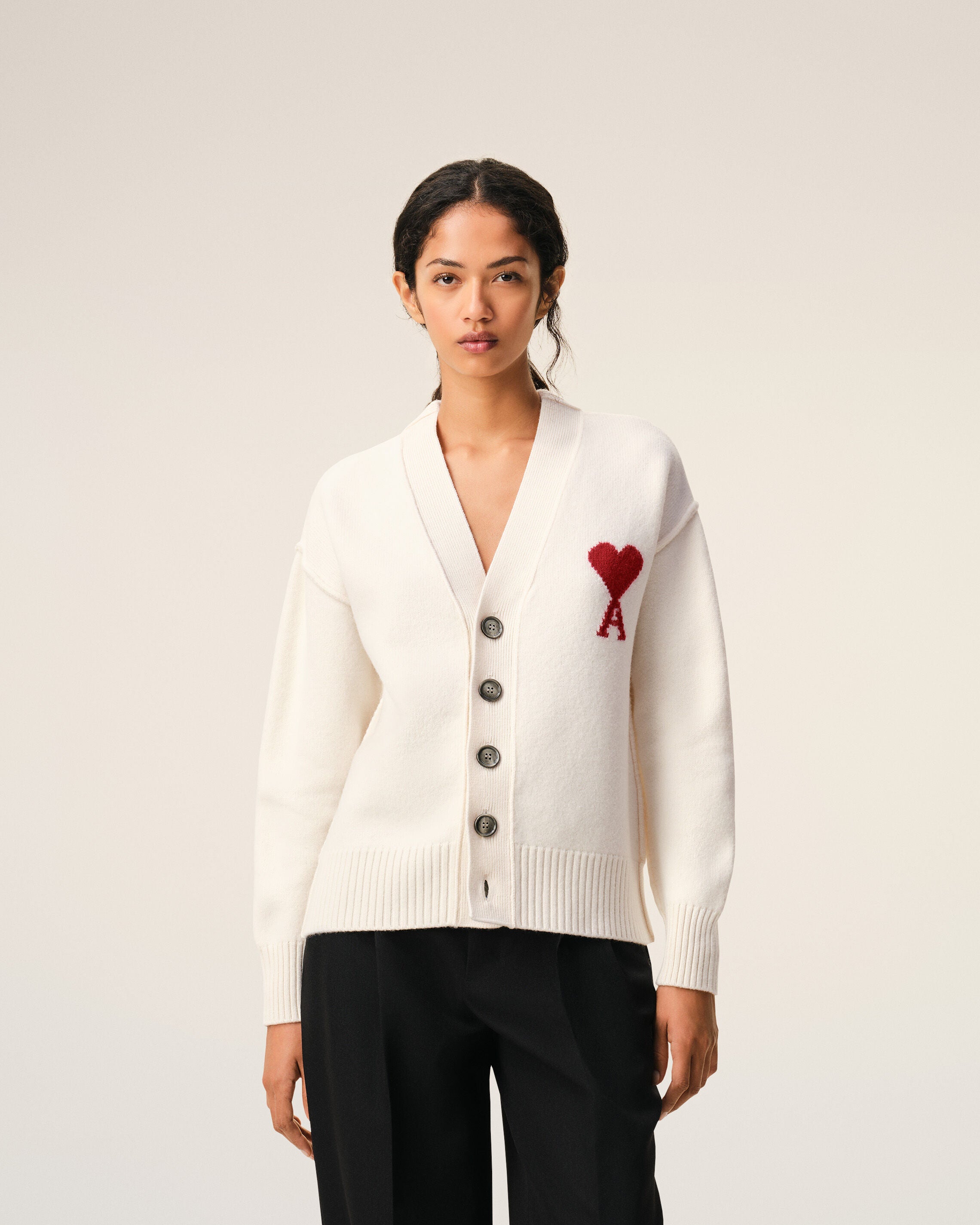 ホワイト ウール Ami De Coeur カーディガン オフホワイト/ レッド