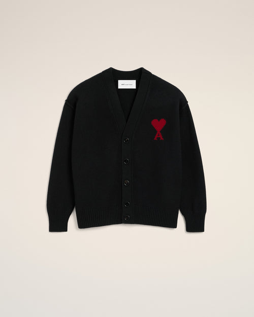 Black wool cardigan with Ami de Coeur - BLACK/RED - Ami Paris
