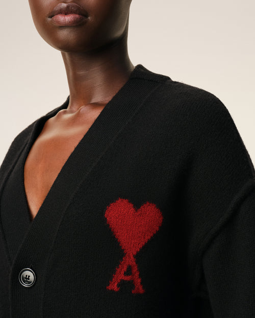 Cardigan Avec Ami De Coeur Contraste Noir en Laine - 10 - Ami Paris