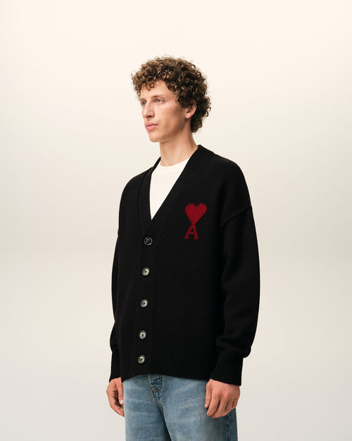 Black Wool Cardigan With Contrasted Ami De Coeur - Man - 6 - AMI Paris - Ami Paris