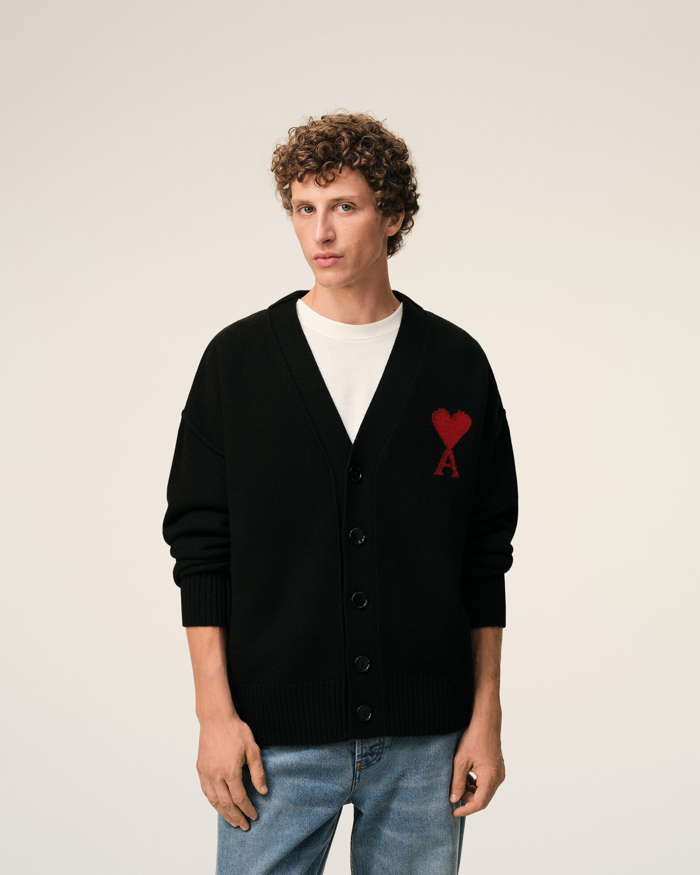 BLACK/RED Black Wool Ami De Coeur Cardigan | AMI PARIS